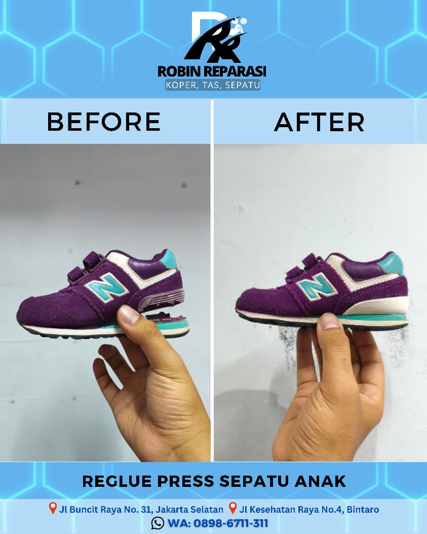 Before after reglue press sepatu anak